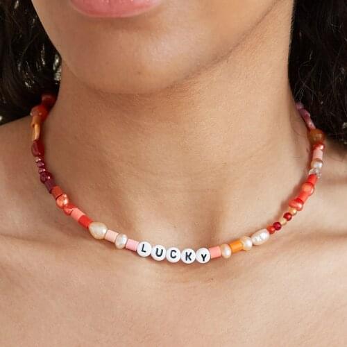 Wholesale Luxury bohemian boho red initial Alphabet letter necklaces Wald Berlin Lucky beads freshwater pearls necklace women