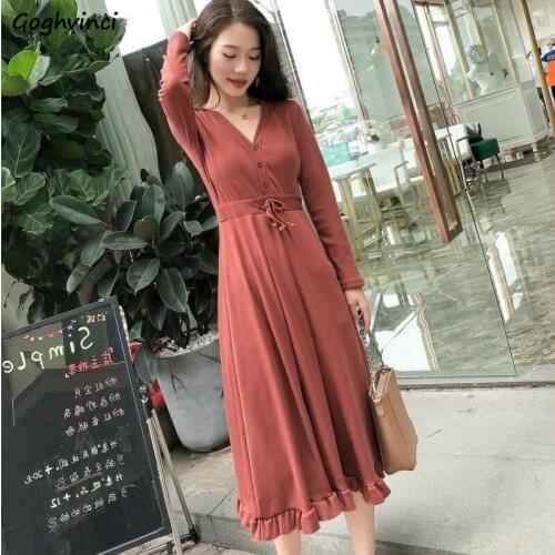 Dress V-neck Sexy Long Sleeve Women Solid Adjustable Waist 2XL Loose Leisure OL Ulzzang Slim All-match Basic Elegant Pleated New