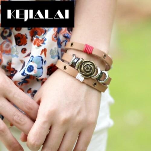 KEJIALAI Rose Flower Charm Bracelet Multilayer Leather Bangle Fashion Punk Bohemian Jewelry Accessories for Women Girls Party