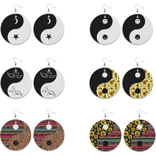 Potosala Women Creative Leather Earrings Spliced Sunflower Taiji Dangle Statement Earrings Fashion Jewelry Holiday Party Gifts