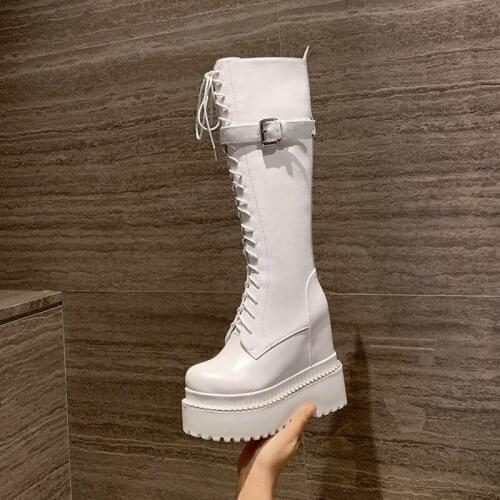 Handmade Genuine Leather Thick Platform Height Increasing Women Casual Boots Cross Tied Buckle Strap Chunky Heel Knee High Boots