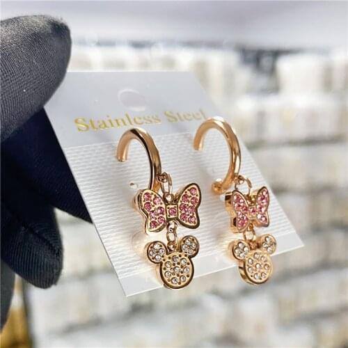 Cartoon Kawaii Mouse Stud Earrings Titanium Stainless Steel Inlaid Zircon Earrings Rose Gold Color Fashion Trendy Women Jewelry
