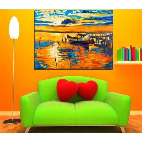 High quality hand painted Modern boat harbor int he Sunset Oil Paintings Wall Art Canvas artwork Gift painting home Decoration