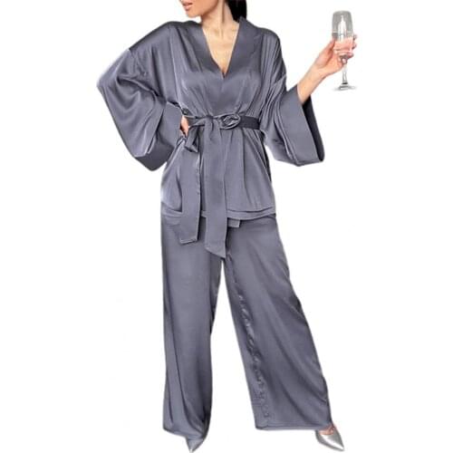 Women Pajamas V Neck Solid Color Two-piece Set Cardigan Long Sleeve Comfortable Pajamas Sets Female Underwear