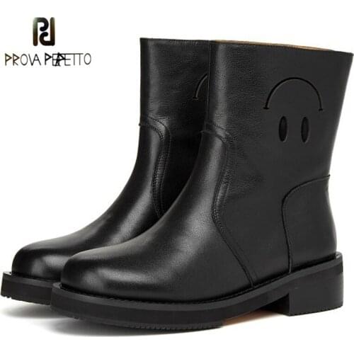 Smiley Face Short Boots Womens Autumn New Style Full Leather Round Toe Black Mid-heel Sleeve Fashion Womens Short Boots