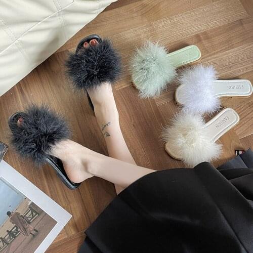 Flock Shoes Ladies' Slippers Slipers Women Fur Flip Flops Low Luxury Slides 2021 Plush Flat Designer Rubber Hoof Heels Feather B