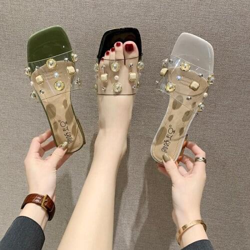 Ladies Slippers Outside Summer Candy-colored Fashion Square Head Transparent Personality Comfortable Flat Bottom shoes U24-60
