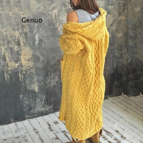 Cardigan Women Solid Color Long Sleeve Braid Knit Cardigan Hooded Sweater Coat Overcoat Loose Ladies Sweaters Coat Plus Size
