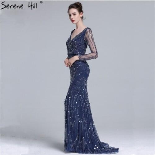 Dubai Robe De Soiree Luxury Long Sleeve Evening Dresses 2020 Real Photo Crystal Sequins Navy Blue Mermaid Party Gown BLA6010