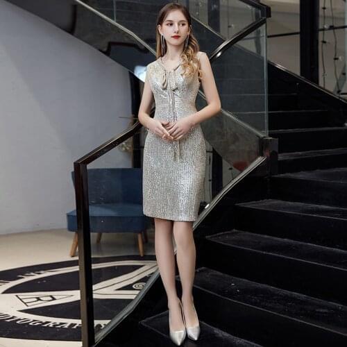 Sequins V-Neck Prom Dress Elegant Sleeveless Empire Zipper Back Above Knee Mermaid Simple Plus size Women Formal Party Gown C854