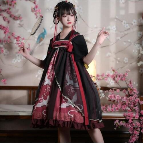 Crane Smoke Original Design Chinese Hanfu Style Womens Lolita Dress Summer Princess Girl 2PCS Set Dress