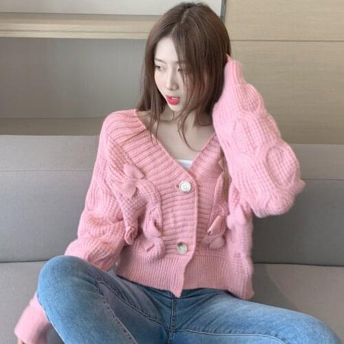 2020 Winter Women Clothes Bowknot Short Sweater Cardigan Jacket Knitted Loose Outwear Thicken Sweaters V-neck for Sweet Girls