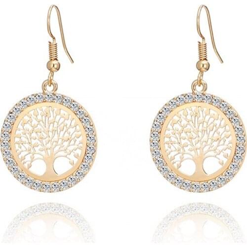 Gold Crystal Drop Earrings Women Hollow Out Tree of Life Pattern Round Punk Earring moda mujer Jewelry
