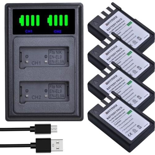 Batmax EN-EL9 EN-EL9a EL9 Battery+LED USB Dual Charger with Type C port for Nikon EN-EL9a D40 D60 D40X D5000 D3000 Camera