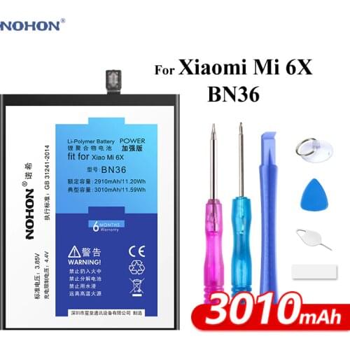 Nohon Battery For Xiaomi 6X BN36 Mi 6X Real Capacity 2910mAh 3010mAh mobile Li-polymer Bateria +Tools For Xiaomi Mi 6X Batteries