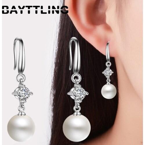 BAYTTLING 925 Sterling Silver 32MM Shiny CZ Zircon 8/10/12MM Pearl Drop Earrings For Woman Charm Party Jewelry Gift