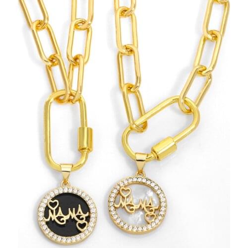 FLOLA CZ Round Shell MaMa Necklace For Women Chunky Thick Chain Carabiner Clasps Choker Necklace New Design Jewelry Gifts nkeu65