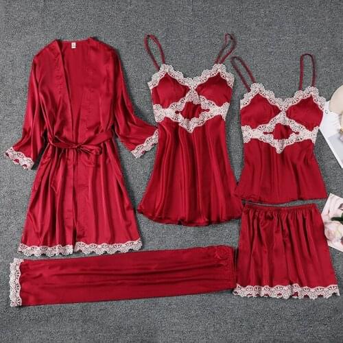 FZSLCYIYI Spring Autumn Womens 5PC Strap Top Pants Suit Pajamas Sleepwear Sets Homewear Nightwear Kimono Robe Bath Gown M-XL