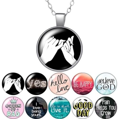 Je t'aime Heart deal Be happy believe Round Pendant Necklace 25mm Glass Cabochon Silver plated Jewelry Women Birthday Gift 50cm