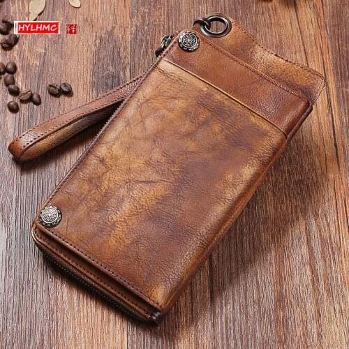 Genuine Leather Men Wallet Long Wallet Retro Men Hand Bag Leather Large Capacity Zipper Phone Bag Organizer Vintage