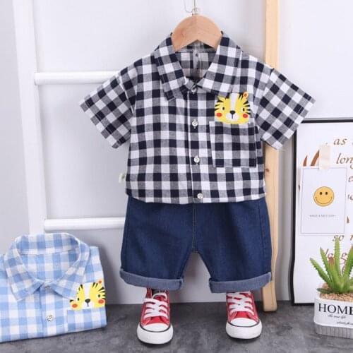New 2021 Kids Boys Fashion Clothing Sets Summer Plaid Short Sleeve Shirts Tops with Denim Shorts Baby Toddler Cotton Pajama Sets