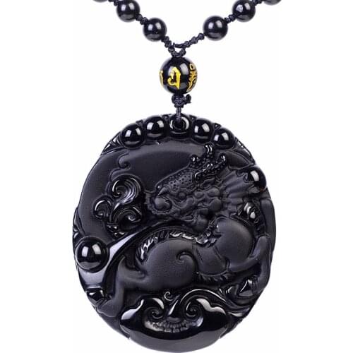 Natural Black Obsidian Beads Necklace Hand-Carved Kirin Jade Pendant Fashion Charm Auspicious Jewelry for Man Women Amulet Gifts