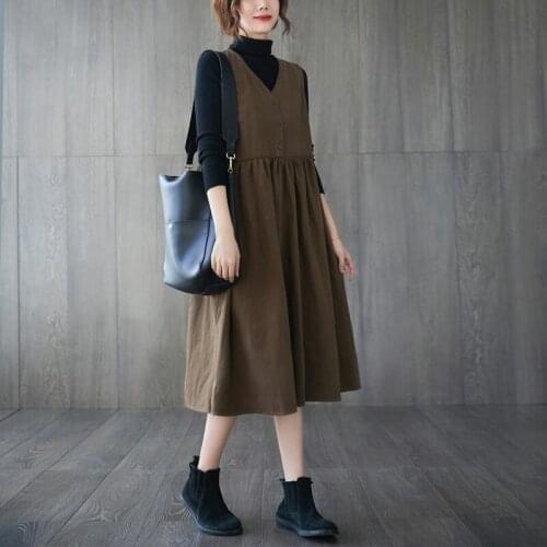 Dress Women Solid Color Spring Autumn V-neck Sleeveless Female Dress Loose Casual Women Elegant Dress
