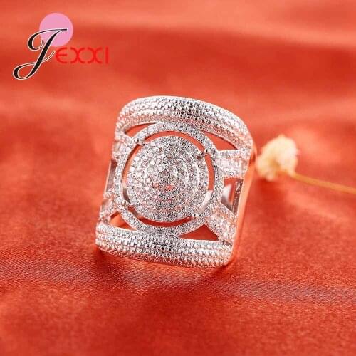Retro Style 925 Sterling Silver Clear Cubic Zirconia Rings For Party Accessory Women Geometric Wide Wedding Ring Jewelry