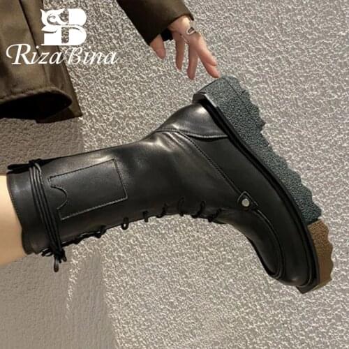 RIZABINA Size 33-43 Women Short Boots Real Leather Cool Sole Women Winter Shoes Lace Up Mid Calf Boots Women Party Footwear
