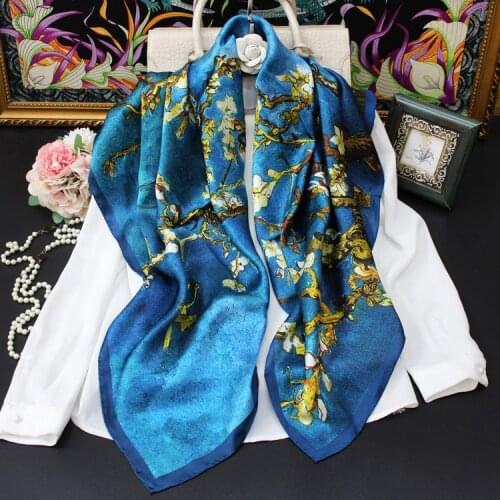 140cm/110cm Van Gogh Oil Painting Silk Scarf Women Luxury Brand Apricot Floral Print Hijab Bandana Foulard