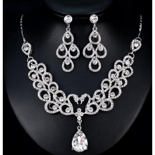 Wedding Bridal Water Drop Rhinestone Crystal Necklace Earring Jewelry Set For Women Flower Wedding Valentines Day gifts