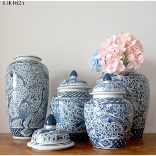 Creative Blue Flower and Bird Ceramic Storage Jar Vase Flower Arrangement Container Blue and White Porcelain Vase Storage Jar
