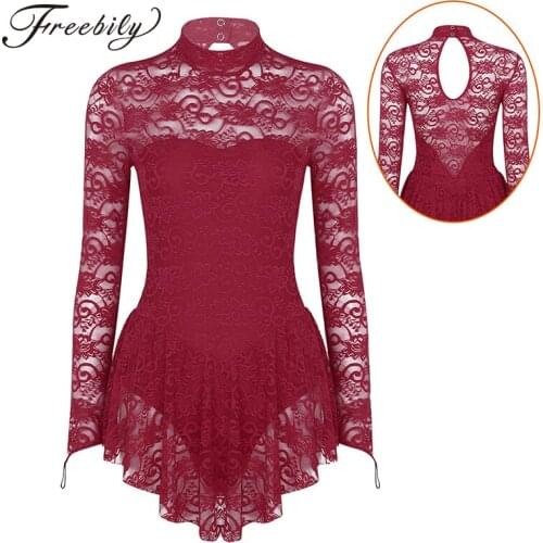 Adult Mock Neck Long Sleeve Soft Lace Ballet Gymnastics Leotard Women Figure Ice Skating Dress Competition Dance Costume
