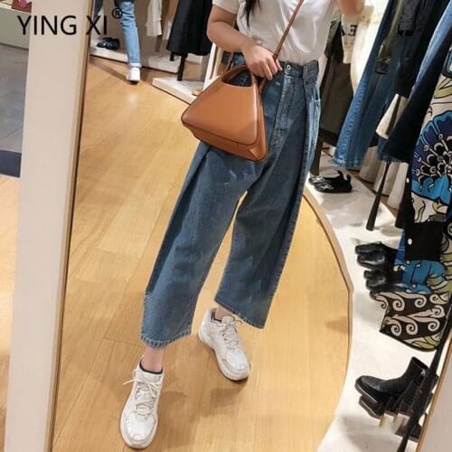 YING XI 2020 Spring Loose Casual High Waist Ankle Length Pants Jeans Woman Button Zipper Fly With Pockets Cotton Pants
