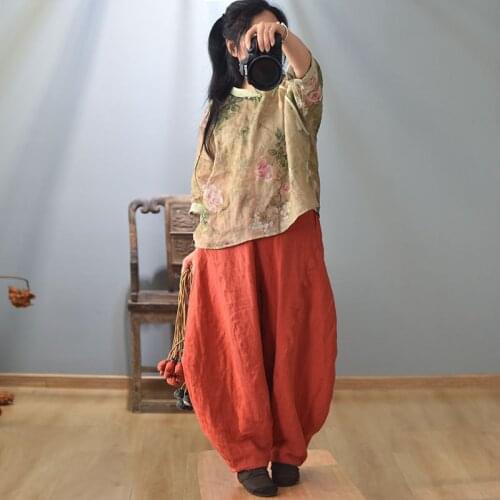 Women Loose Elastic Waist Solid Color Linen Pants Ladies Plus Size Vintage Harem Trousers Female 2020 Summer Pants
