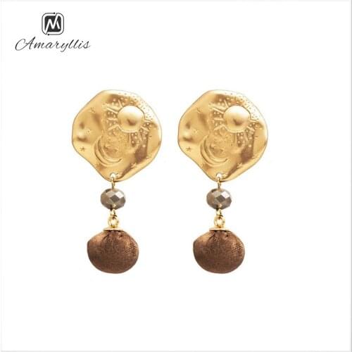 Amaiyllis Vintage Hammer Moon Star Sun Studs Earrings For Women Elegant Glass Bead Cloth Ball Statement Pendant Post Earrings