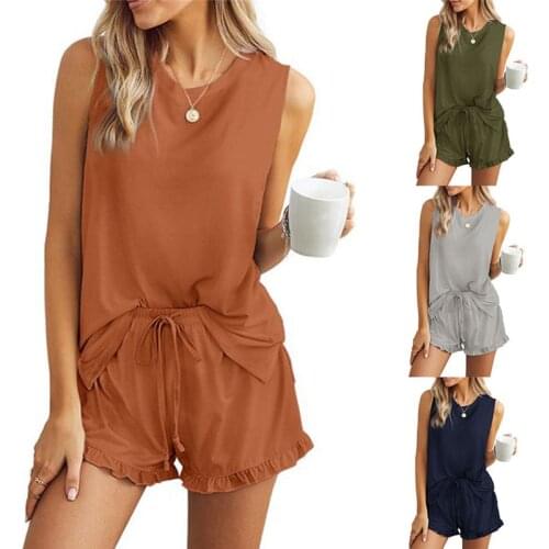 2021 Summer Women‘s 2 Piece Set Sleeveless Vest+Shorts Loungewear Casual Solid Color Tops Drawstring Shorts Homewear Suit