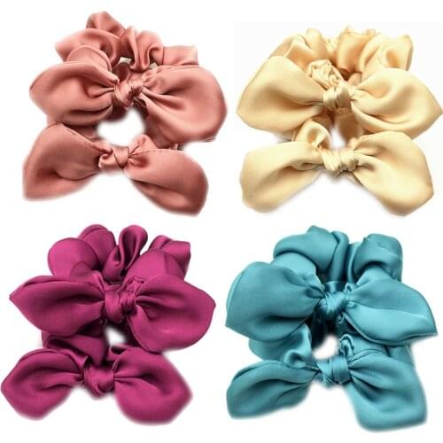 20Pcs 9 Colors Satin Scrunchies With Bunny Ear Wholesale Girls Ponytail Holder Elastic Band Bracelet Headwear Hair Accessories