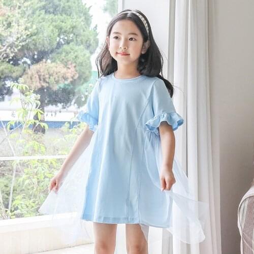 2021 Summer Dress Elegant Blue Mesh Girl Dresses Fancy Childrens Clothing Princess Dress Girls 4 6 8 10 12 14 Yrs