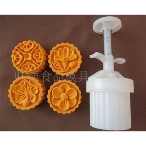 50g Chinese Flower design Mooncake mung bean cake Molds mould with 4 Stamps plastic hand pressure , 50sets/lot