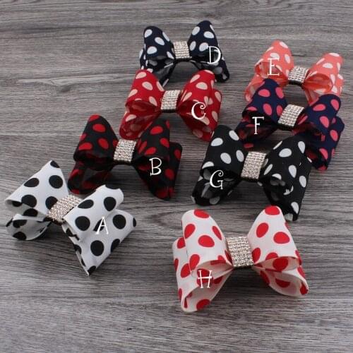 200pcs/lot 3.2" 8colors Newborn Luxe Dot Hair Bows+Rhinestone Button Handmade Hard Satin Bow Artificial & Dried Flowers