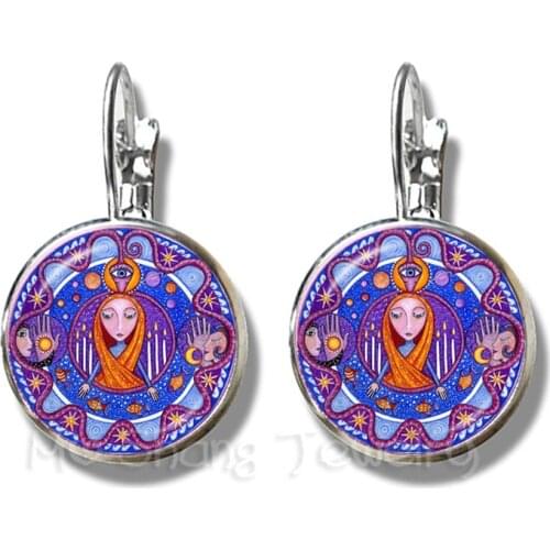 Buddhism Stud Earrings Mandala Art Picture 16mm Glass Cabochon Silver Plated Earrings For Women Om Fashion Jewelry Best Gift