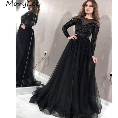 Prom Dresses Black Scoop Long Sleeves Sweep Train Tulle Sequins Lace Prom Dresses With Zipper Back vestidos de fiesta de noche