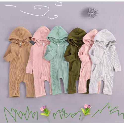 Baby Boy Girl Long Sleeve Jumpsuit Cute Solid Color Zipper Pocket Pullover Warm One-Piece Newborn Pajama Sleep Play Outfit