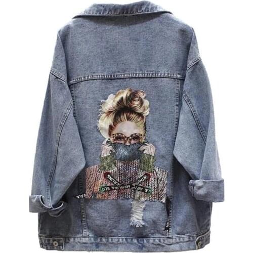 NEWDISCVRY Printed Frayed Beading Denim Jacket 2019 Bf Autumn New Solid Loose Jean Jacket Long Sleeve Women Coat Outwear