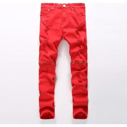 Fashion Ripped Straight Jeans 5 Color Men Slim Printed Mens Tide Brand Hole Denim Fabric Hip Hop Pants Casual Male trous