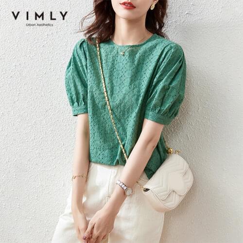 VIMLY Elegant Womens Blouse Summer Round Neck Puff Sleeve Chiffon Blouses Vintage Shirts Solid Loose Casual Woman Tops F7267