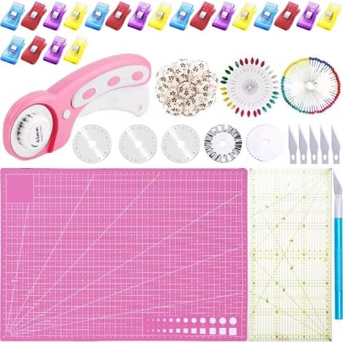 Imzay 45mm Fabric Rotary Cutter, A3 Cutting Mat, Sewing Pins, Acrylic Ruler, Cushion, Craft Knife Set and Craft Clips, Ideal