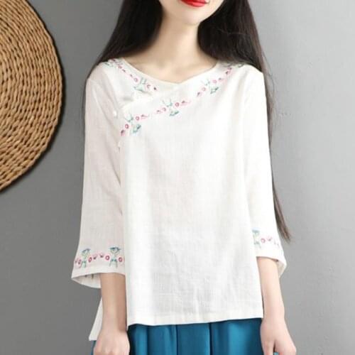 Chinese style retro embroidered cotton and linen tops shirt women three quarter sleeve loose blouse