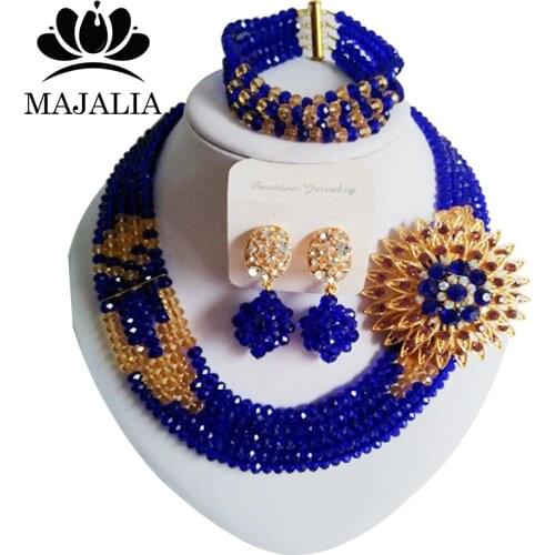 Classic Nigerian Bride Wedding Jewelry Royal Blue and Champagne Crystal Necklace African Wedding Set Free Shipping SJ-19